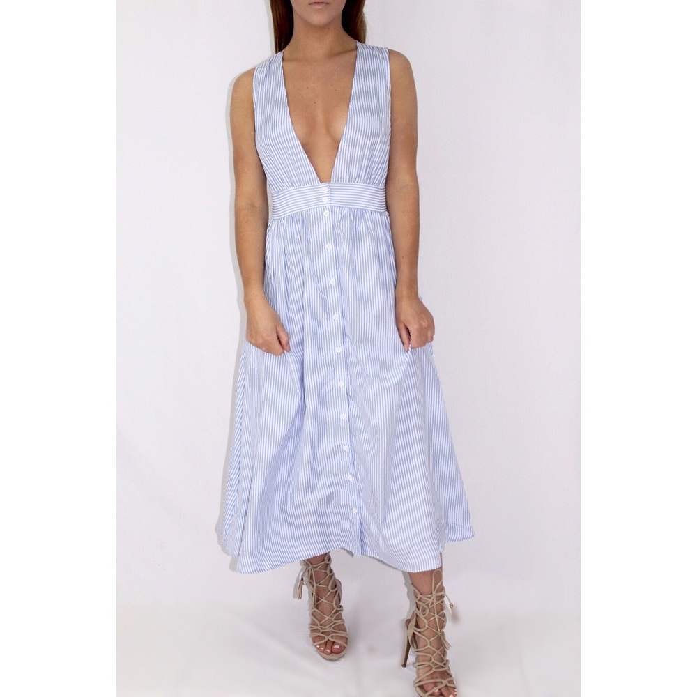 Striped Deep Neckline Button Up Midi Dress